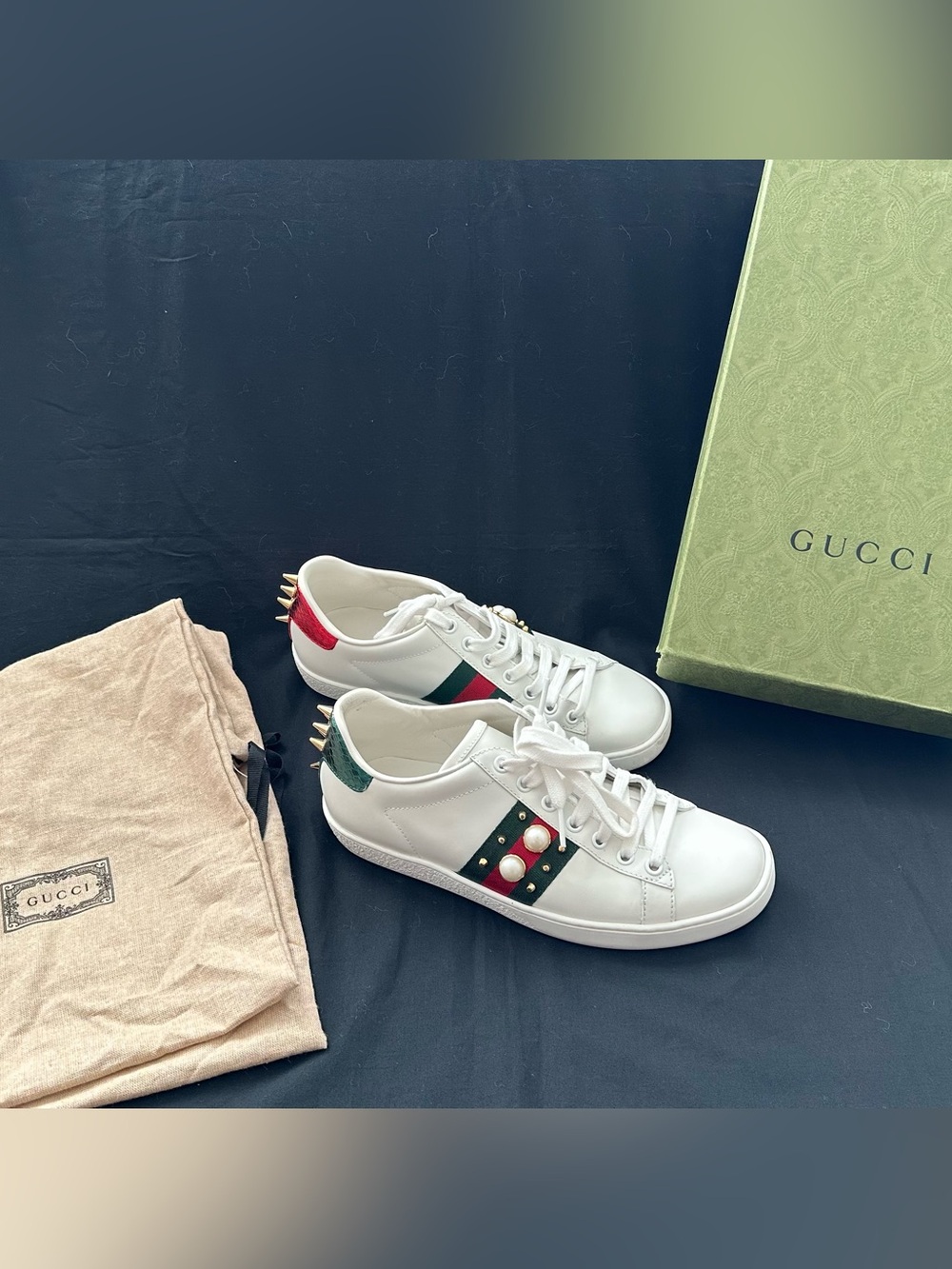 Gucci Ace Stud and Pearl White Sneakers-Authentic